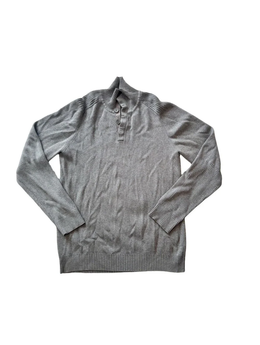 GAP Men’s Medium Shawl Collar Henley Sweater Gray Athletic Fit Long Sleeve Knit